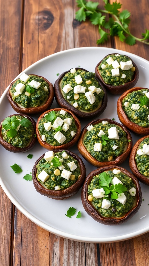 Delicious stuffed portobello mushrooms filled with spinach and feta cheese on a rustic wooden table.